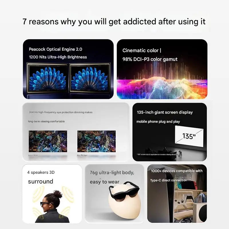 AR Smart Glasses With 135" HD Screen For Gaming